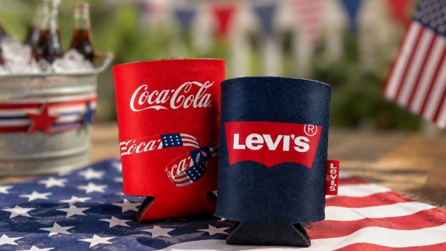 target and levis koozies on a tabletop on a patriotic themed table decor