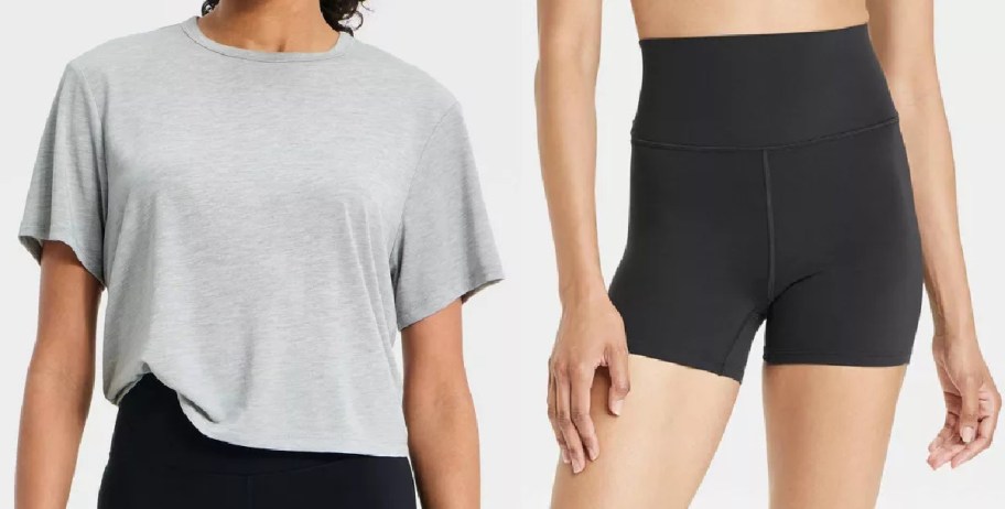 A side-by-side image displaying women's activewear. The left panel shows a model wearing a light grey, loose-fitting short-sleeved t-shirt, and the right panel shows a model wearing black high-waisted shorts.