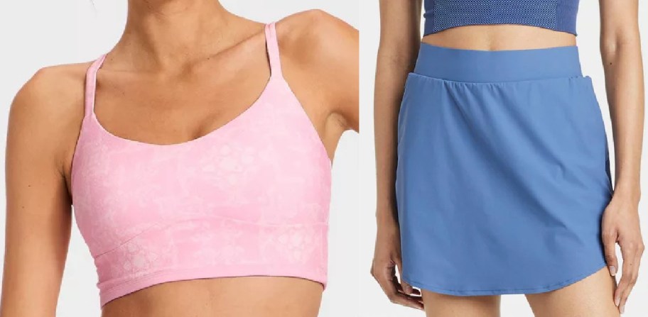 A side-by-side image displaying women's activewear. The left panel shows a model wearing a light pink, subtly patterned sports bra with thin straps, and the right panel shows a model wearing a solid blue athletic skirt.