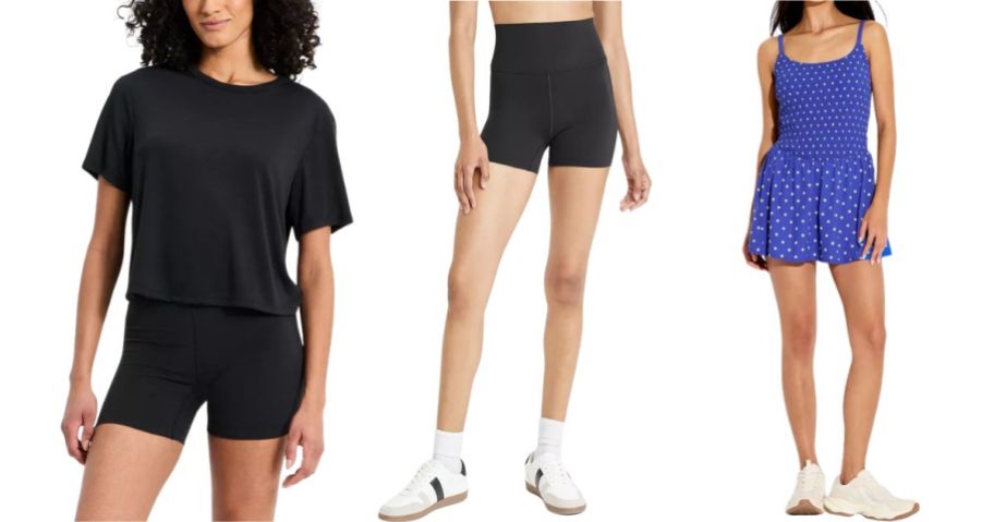 three women wearing target activewear top, shorts, and dress