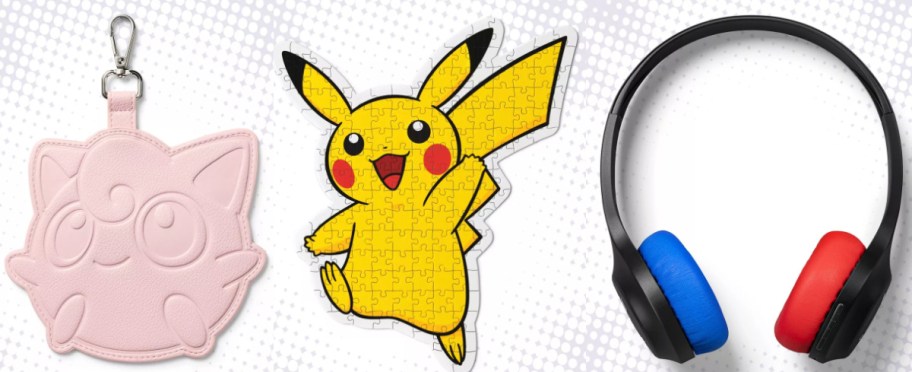 Three Pok&eacute;mon items side-by-side: a pink Jigglypuff bag charm, a Pikachu-shaped jigsaw puzzle, and black over-ear headphones with red and blue earpads.