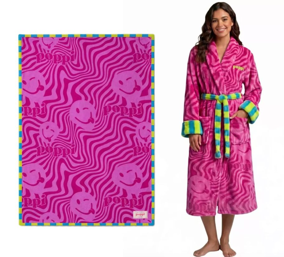 pink msiley throw blanket next to woman in pink robe