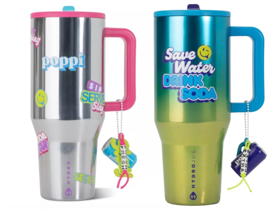 stainless steel and green tumblers