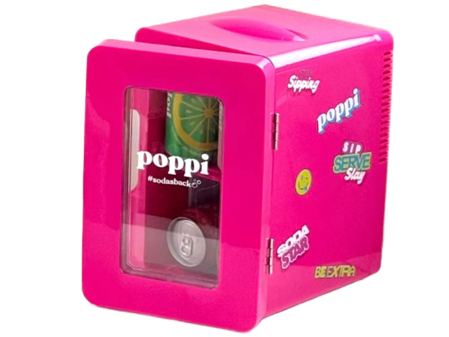 pink mini fridge with stickers on the side