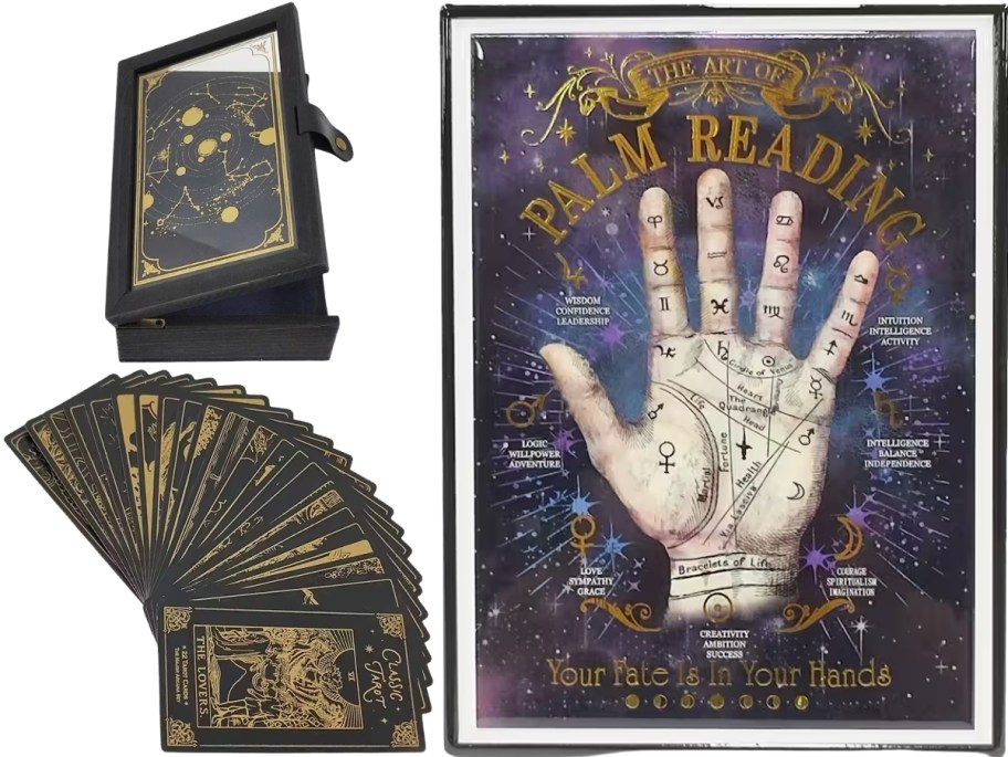 tarot cards, celestial box and palm reading decor