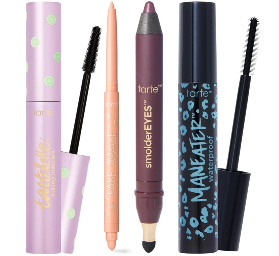 tarte eye steals tubing mascara, fake awake full size liner, shadow pencil and maneater water proof mascara