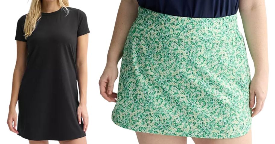two women wearing tek gear black womens dress and green and white skirt