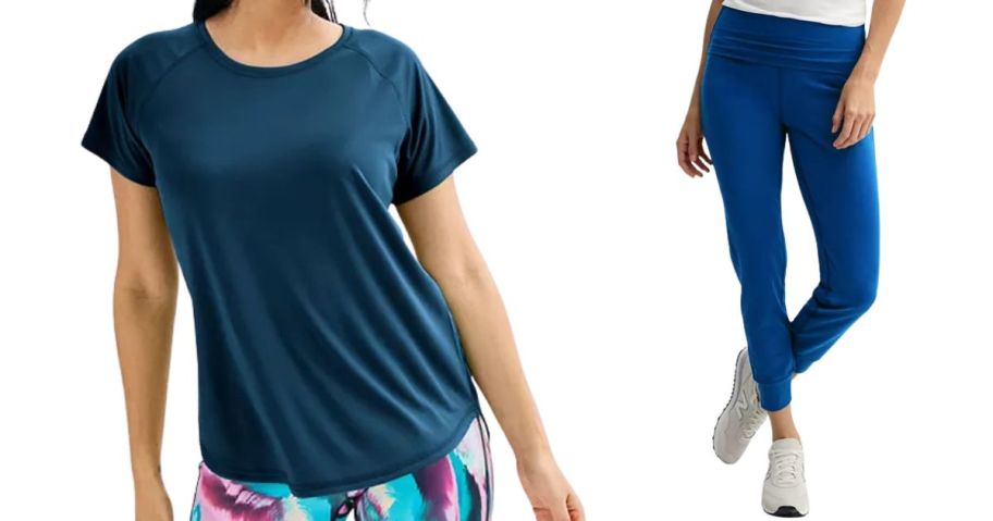 two women wearing tek gear turquoise womens top and blue leggings