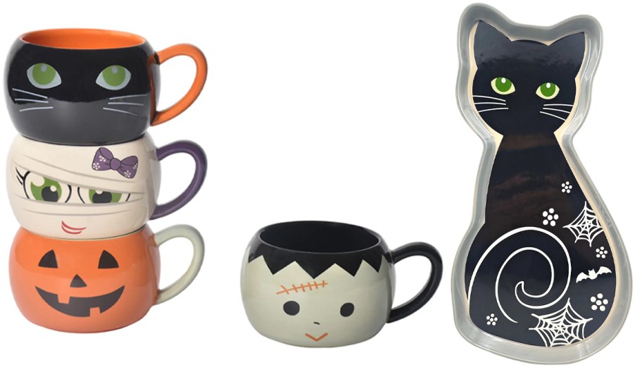 halloween stacking mugs and cat platter