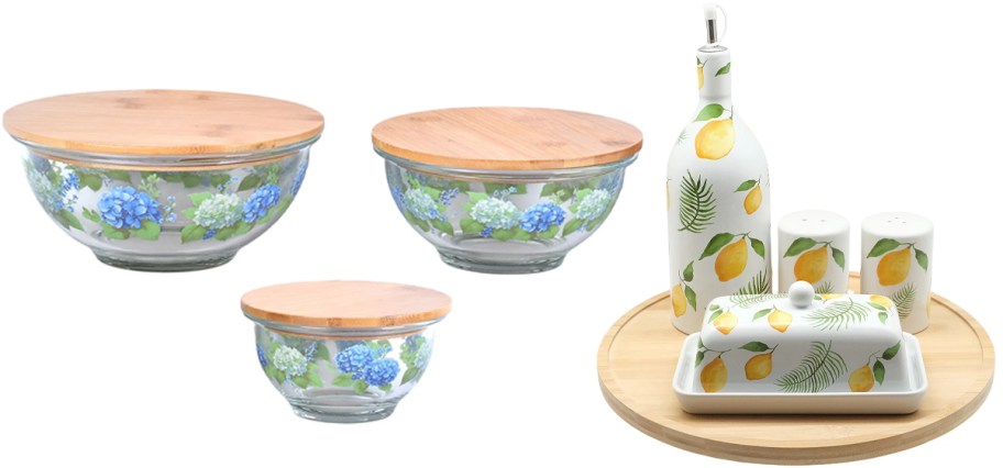 blue floral bowls and lemon serving tray with accessories