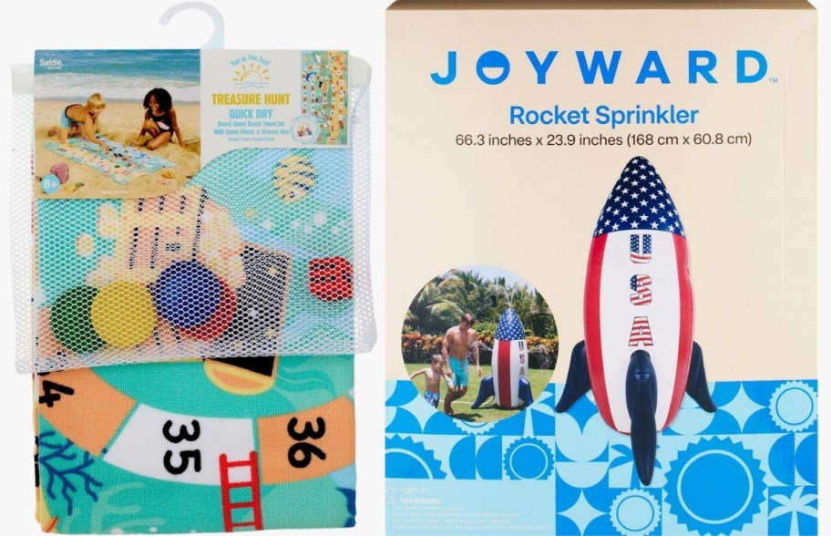 a beach towel treasure hunt game and rocket shaped sprinkler