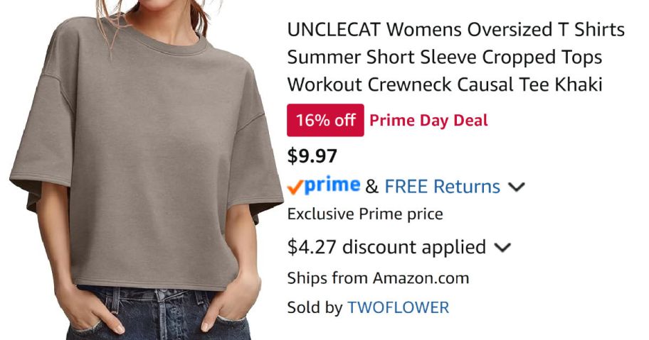 woman wearing tan shirt next to Amazon pricing information
