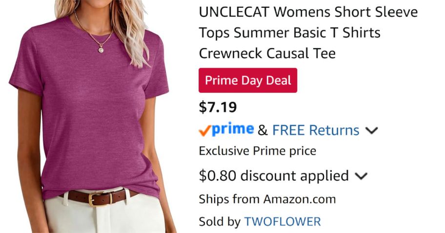 woman wearing pink shirt next to Amazon pricing information