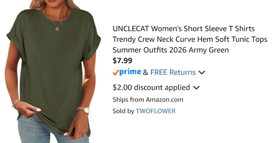woman wearing green shirt next to Amazon pricing information