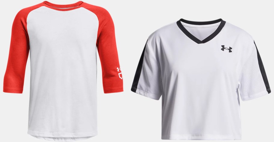 Two styles of T-shirts: one with red raglan sleeves and white body, the other is a white V-neck with black accents.