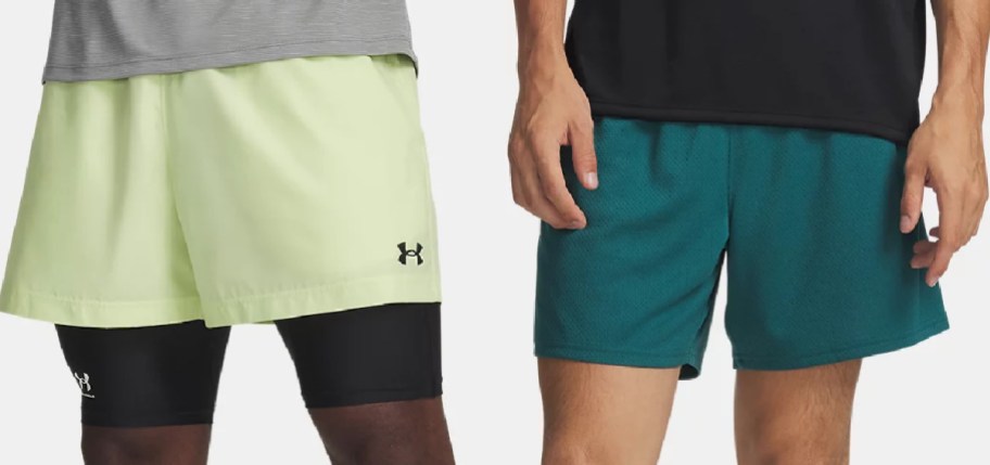 A pair of light yellow athletic shorts with black compression liners and a pair of teal mesh shorts.