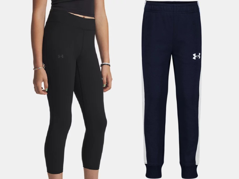 Two styles of Under Armour pants side-by-side against a light background: a person wearing black cropped leggings on the left, and a standalone pair of navy blue sweatpants with white side stripes on the right.
