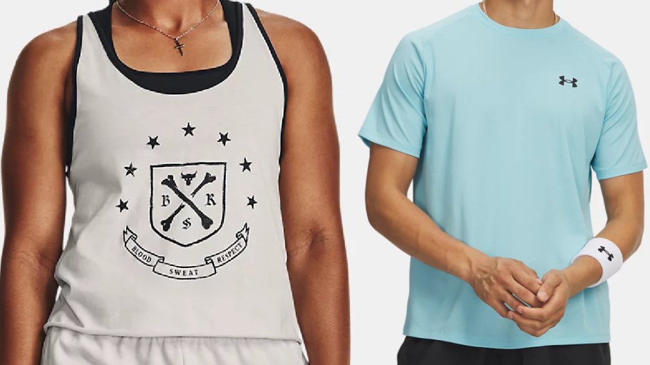 Two people side-by-side modeling athletic shirts against a light background: one wearing a light grey graphic tank top on the left, and the other wearing a light blue Under Armour short-sleeve t-shirt on the right.