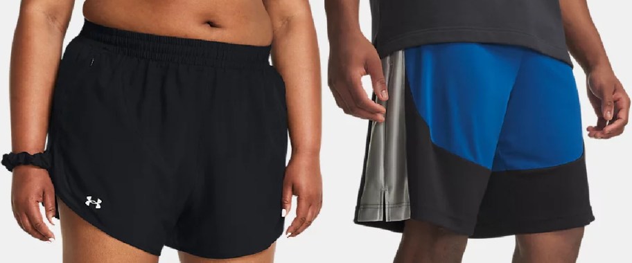 Two people side-by-side modeling athletic shorts against a light background: one wearing short black Under Armour running shorts, and the other wearing longer blue, black, and silver color-blocked athletic shorts.
