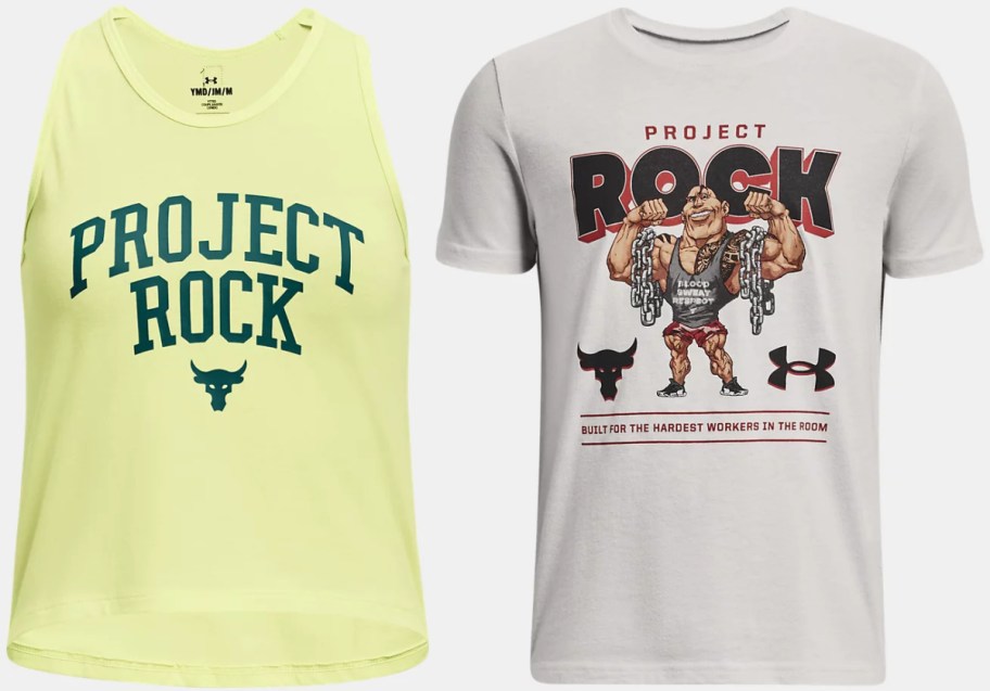 Under Armour Project Rock tops, including a yellow-green tank top with green lettering and a grey t-shirt featuring a graphic of Dwayne Johnson breaking chains.
