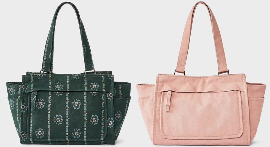 green floral and pink tote bags 