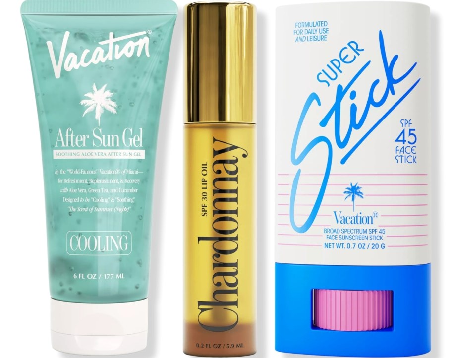 vacation after sun care, lip oil and face stick