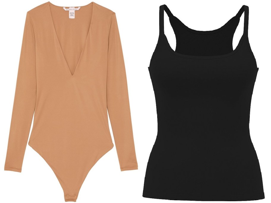 Two women's tops side-by-side: a tan long-sleeve plunge v-neck bodysuit and a solid black tank top.