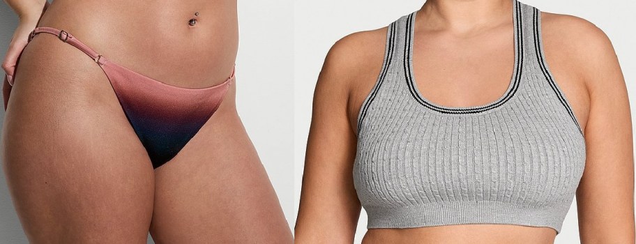 Two women's clothing items side-by-side: a pink and navy blue ombre swimsuit bottom and a grey knit bralette with black and white striped trim.