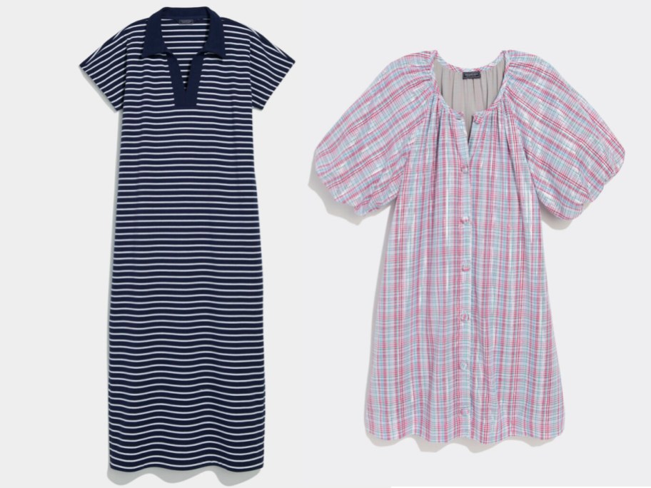 A blue-and-white striped polo-style dress on the left, and a pink, blue, and white plaid/check button-up dress with puff sleeves on the right.
