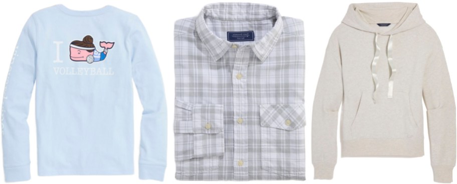 A light blue long-sleeve shirt with a whale design, a plaid button-up shirt, and a beige hoodie displayed together.