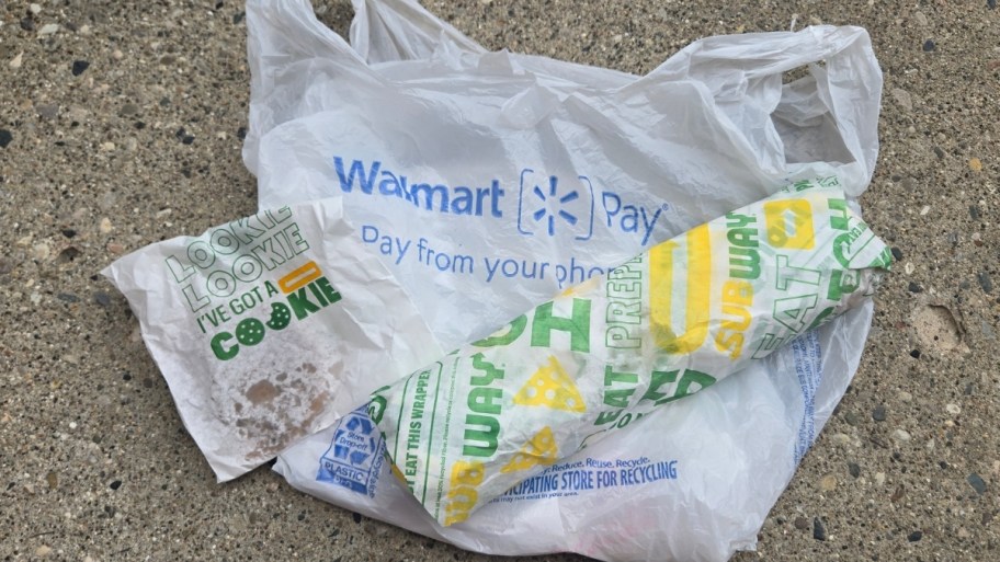 subway sandwich and cooking with plastic walmart bag on a front stoop