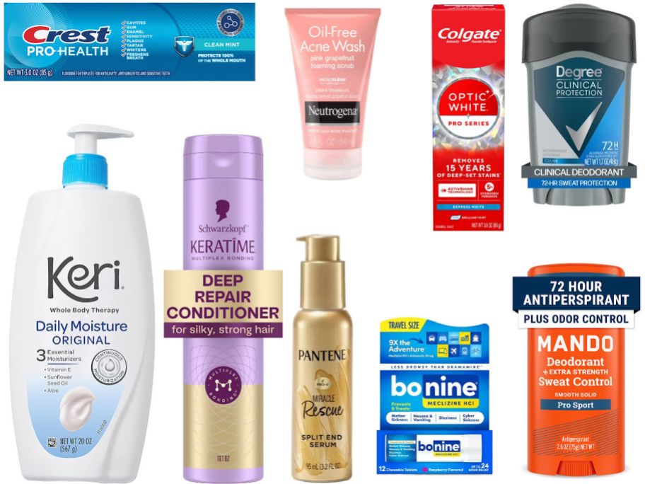 9 personal care items on a white background
