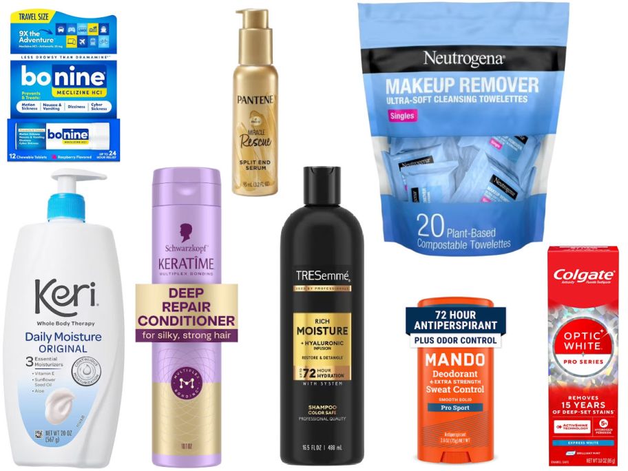 7 personal care items on a white background