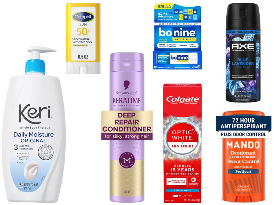 7 personal care items on a white background