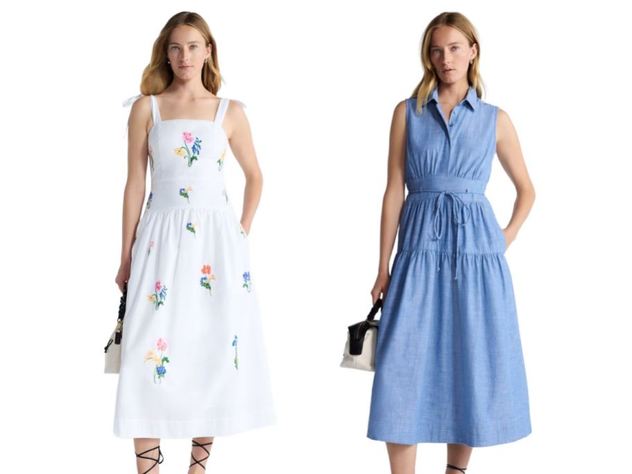 2 women wearing dresses on a white background