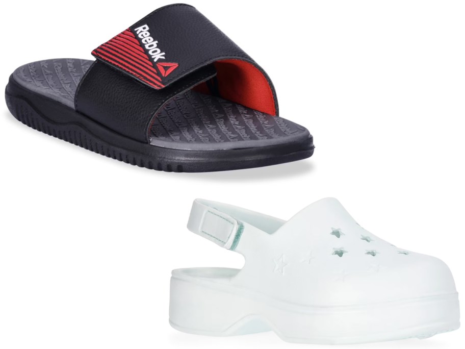 black slides and white clogs 