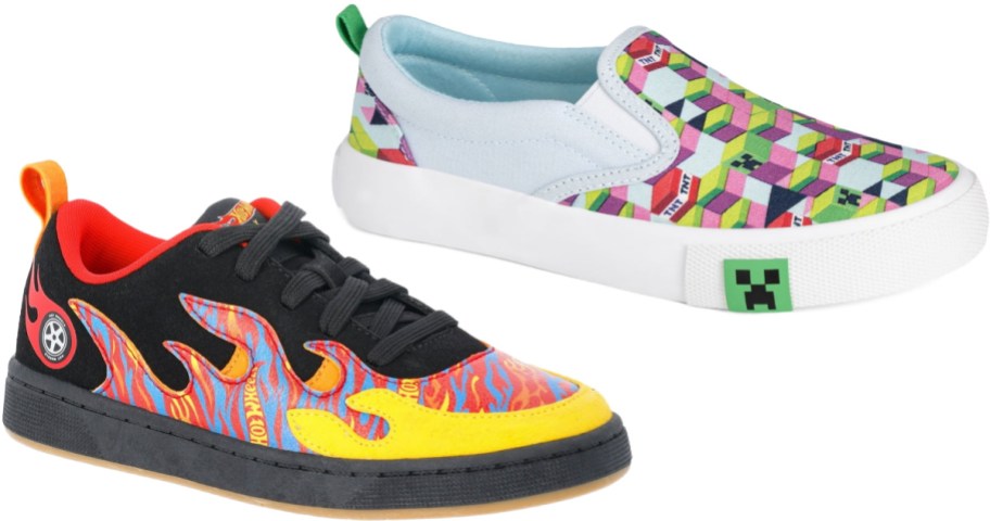 A black lace-up sneaker with Hot Wheels flame graphics next to a white slip-on sneaker featuring a colorful geometric Minecraft pattern.