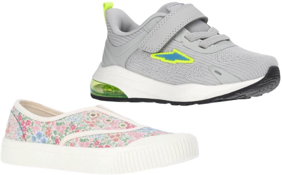 A grey athletic sneaker with a hook-and-loop strap and neon green details next to a slip-on canvas sneaker with a pastel floral pattern.