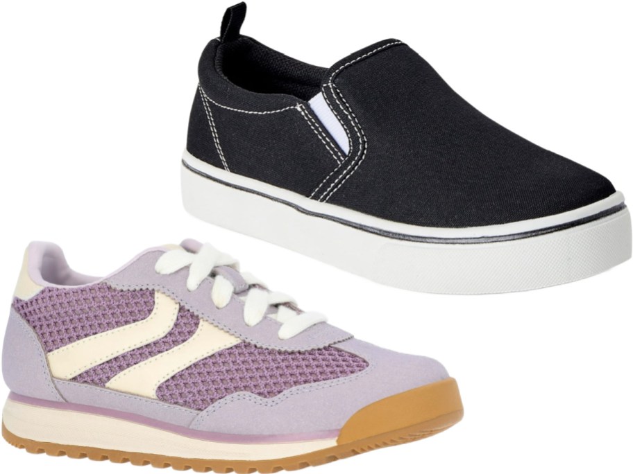 A black canvas slip-on sneaker with a white sole and a light purple lace-up sneaker with white stripes.