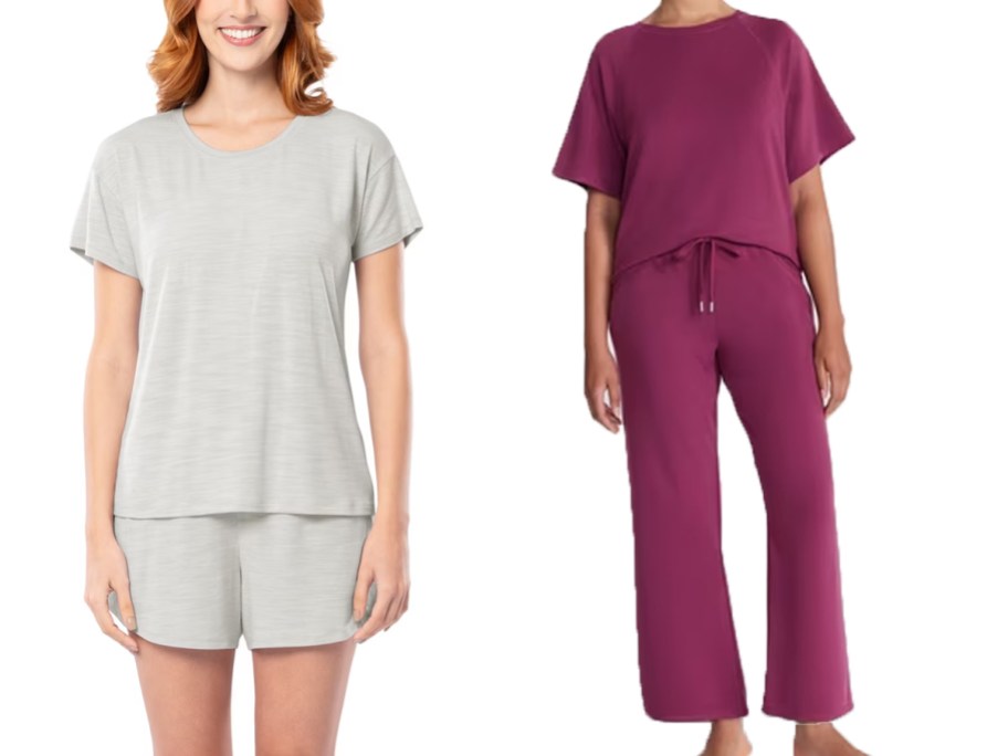 women wearing gray and purple lounge sets