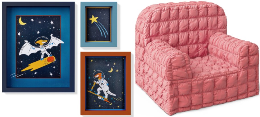 A set of three framed space-themed artworks featuring an astronaut, a star, and a shooting star, alongside a pink quilted chair.