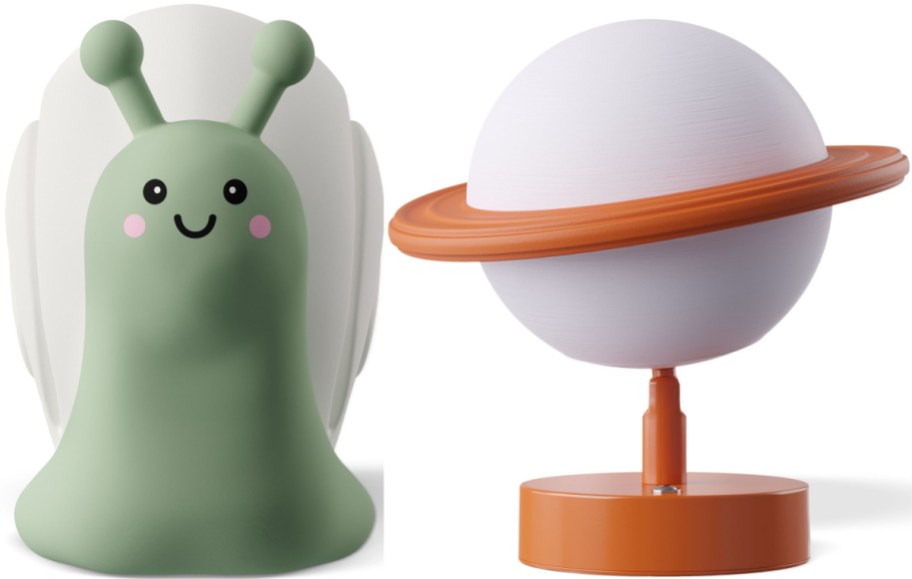 A cute green snail-shaped lamp next to a small globe lamp resembling Saturn.