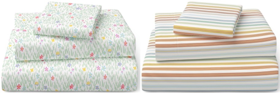 A set of bed sheets featuring two designs: one with a floral pattern on a light green background and the other with alternating colorful stripes.