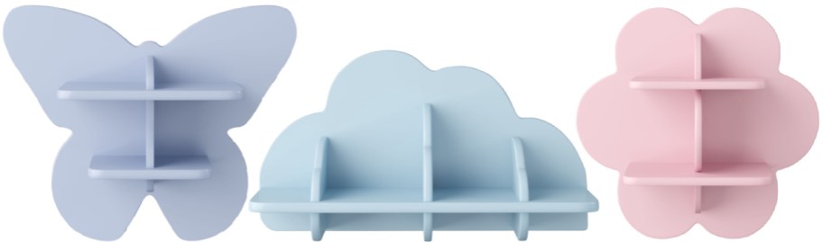 Three decorative wall shelves in the shapes of a butterfly, a cloud, and a flower, colored in pastel shades of purple, blue, and pink.