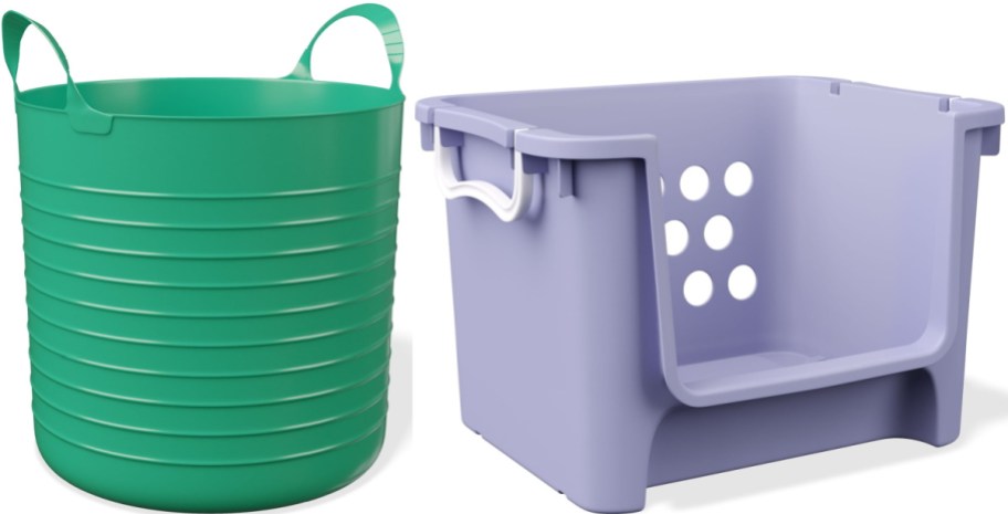 Two storage containers are shown: a green flexible tub with handles on the left and a purple plastic bin with holes and a handle on the right.