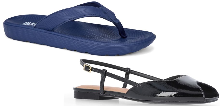blue flip flops and black sandals