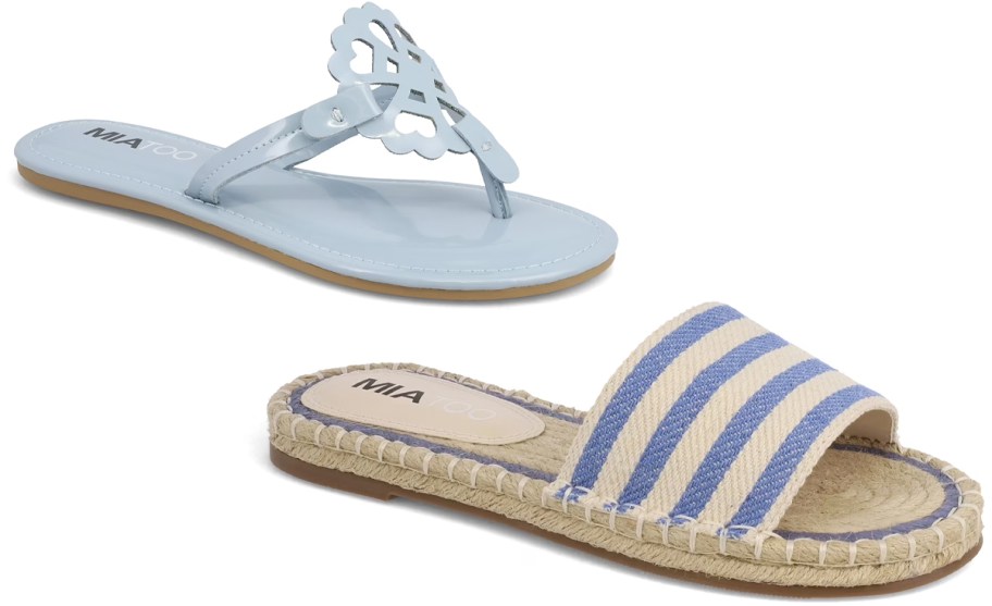 bllue sandal and blue and white striped slide 