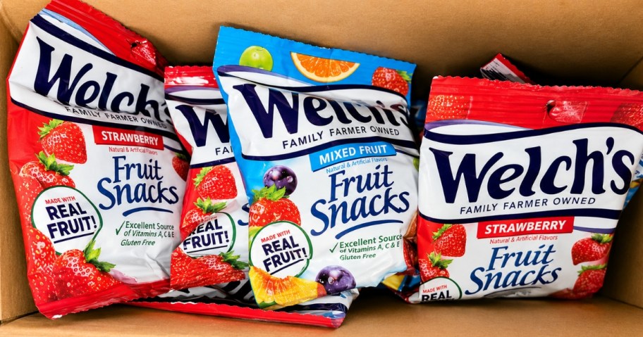 bags of Welch's Fruit Snacks in a box