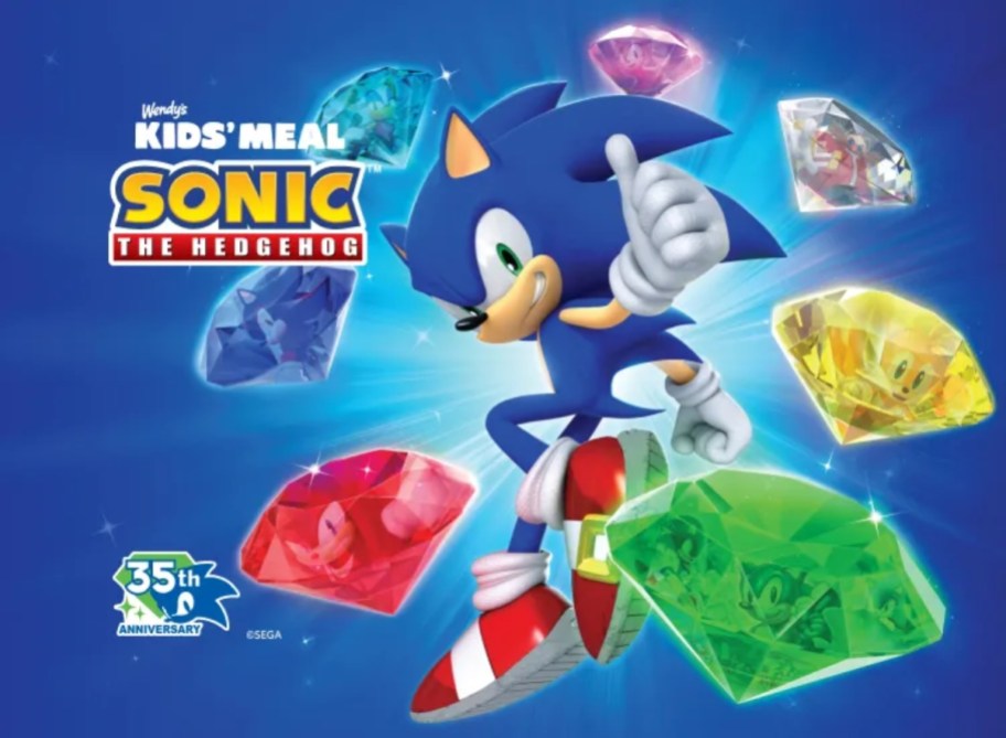 sonic the hedgehog character with colorful gems on a blue background