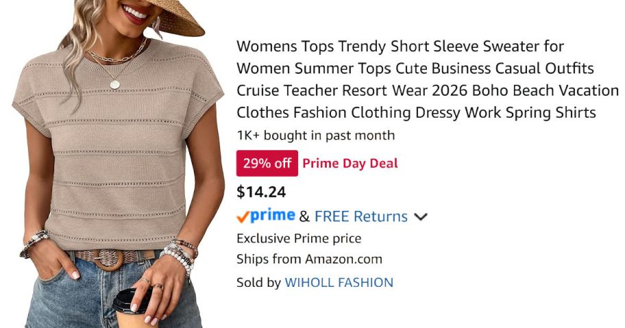 woman wearing tan sweater next to Amazon pricing information